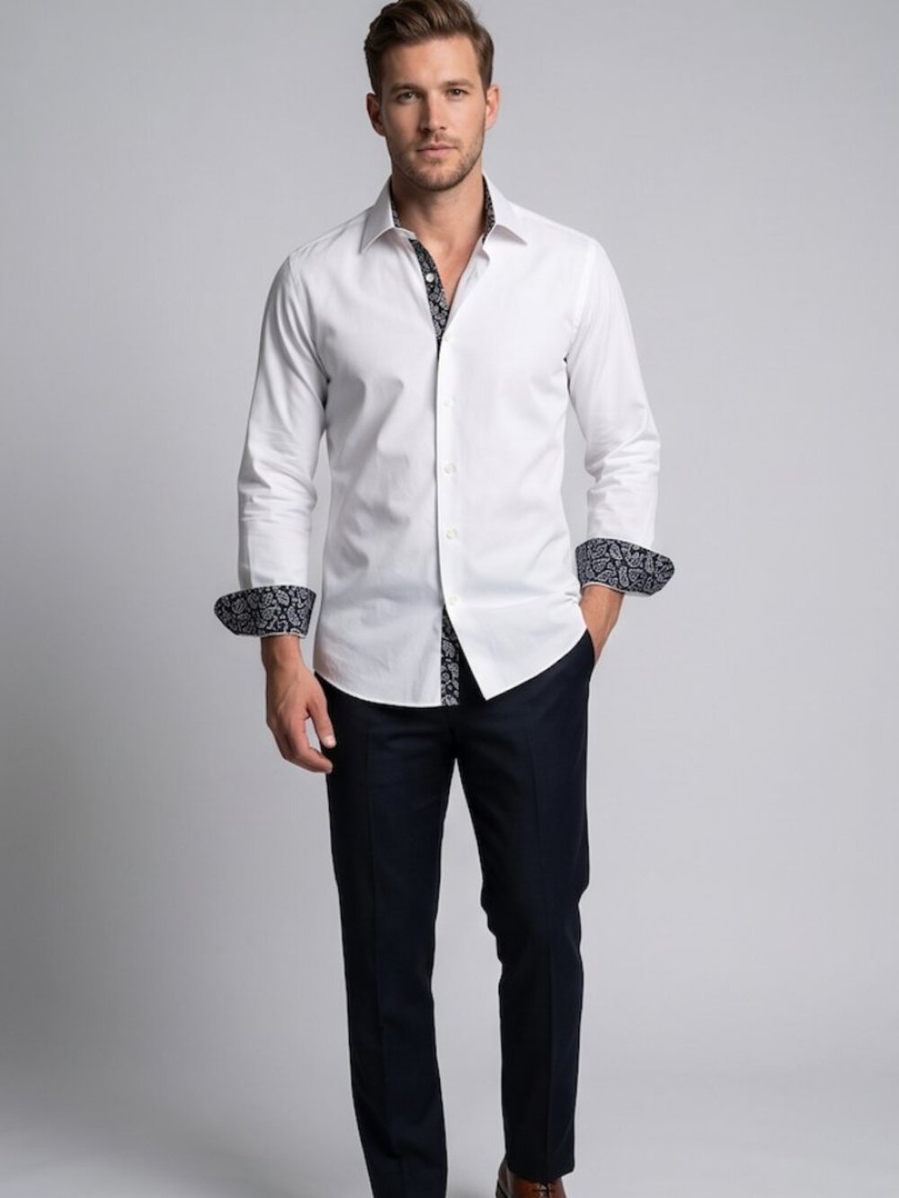 RIDOLFI Custom Tailored Men's Dress Shirt in Crisp White & Paisley Accent